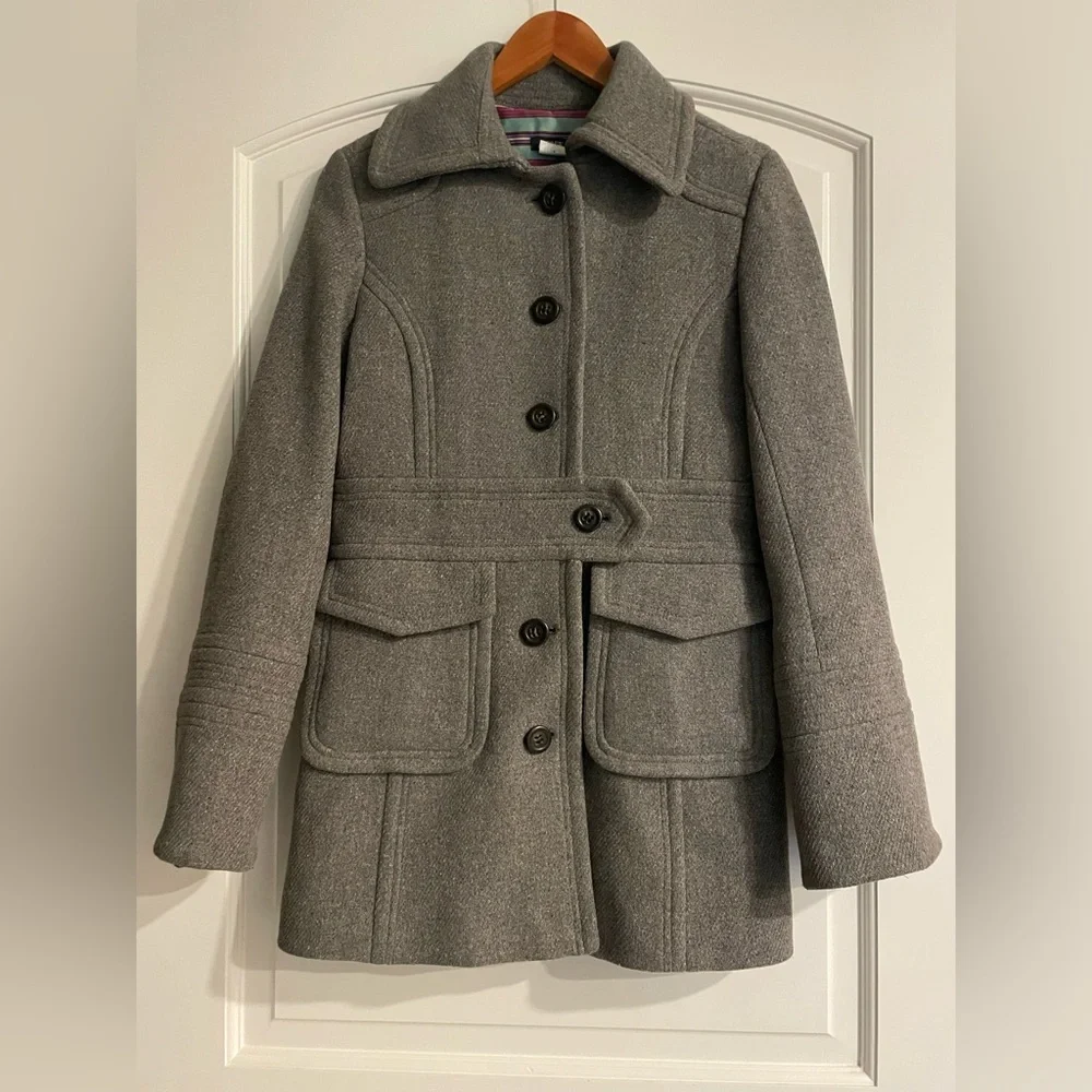 J. Crew Gray Wool-Blend Pea Coat with Belted Waist - Picture 1 of 14